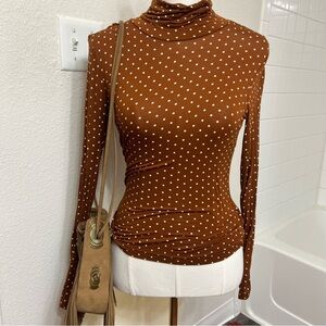Brown white polka dots pattern long sleeve top turtleneck top vintage fall light